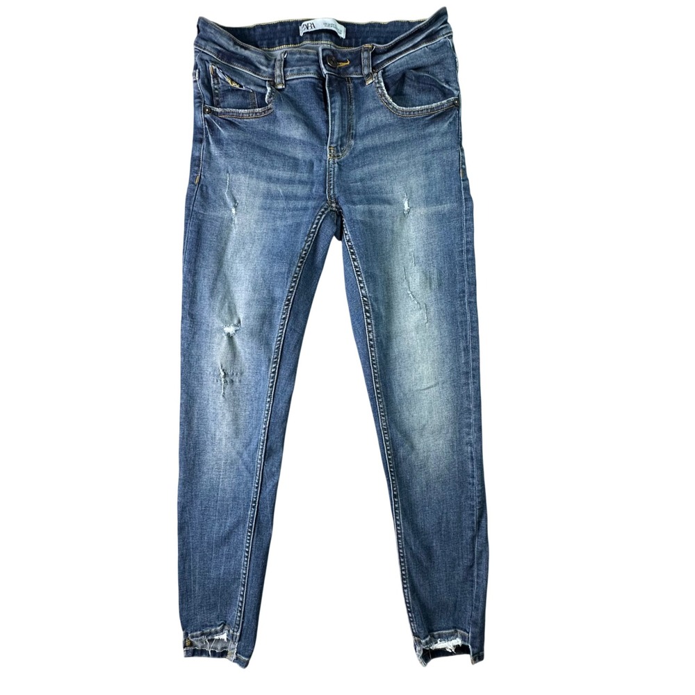Zara Skinny Distressed Jeans Raw Hem Medium Wash Blue Z1975‎ Size 28 US 6 Casual